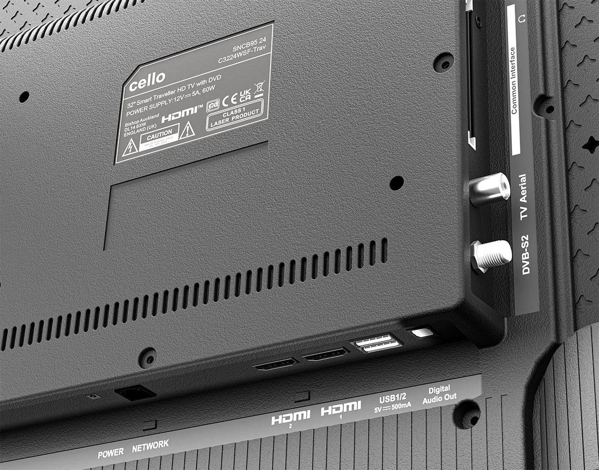 Téléviseur de voyage intelligent WebOS 12 volts 32 pouces avec DVD et cadre sans cadre