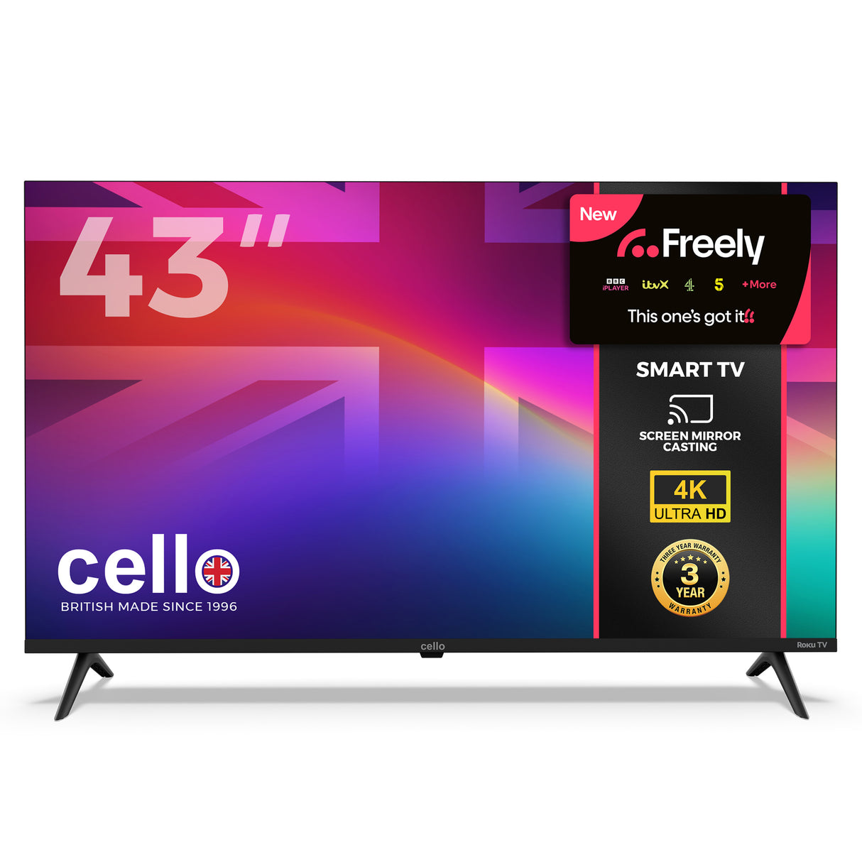 43 inch Smart Roku 4K UHD Frameless TV with Freely TV