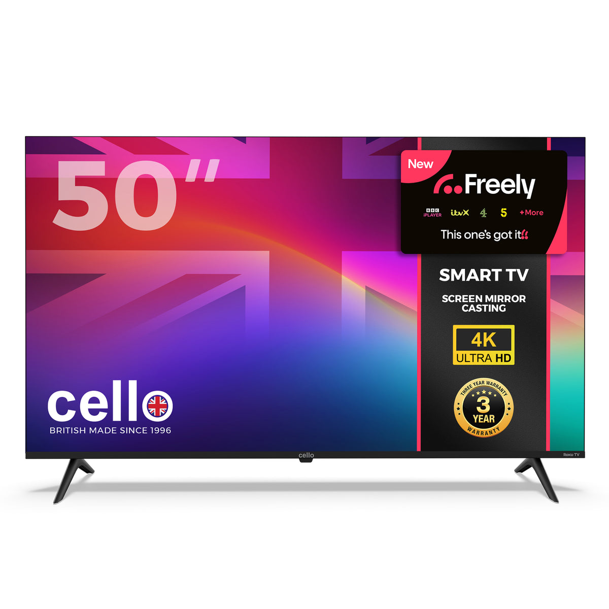 50 inch Smart Roku 4K UHD Frameless TV with Freely TV