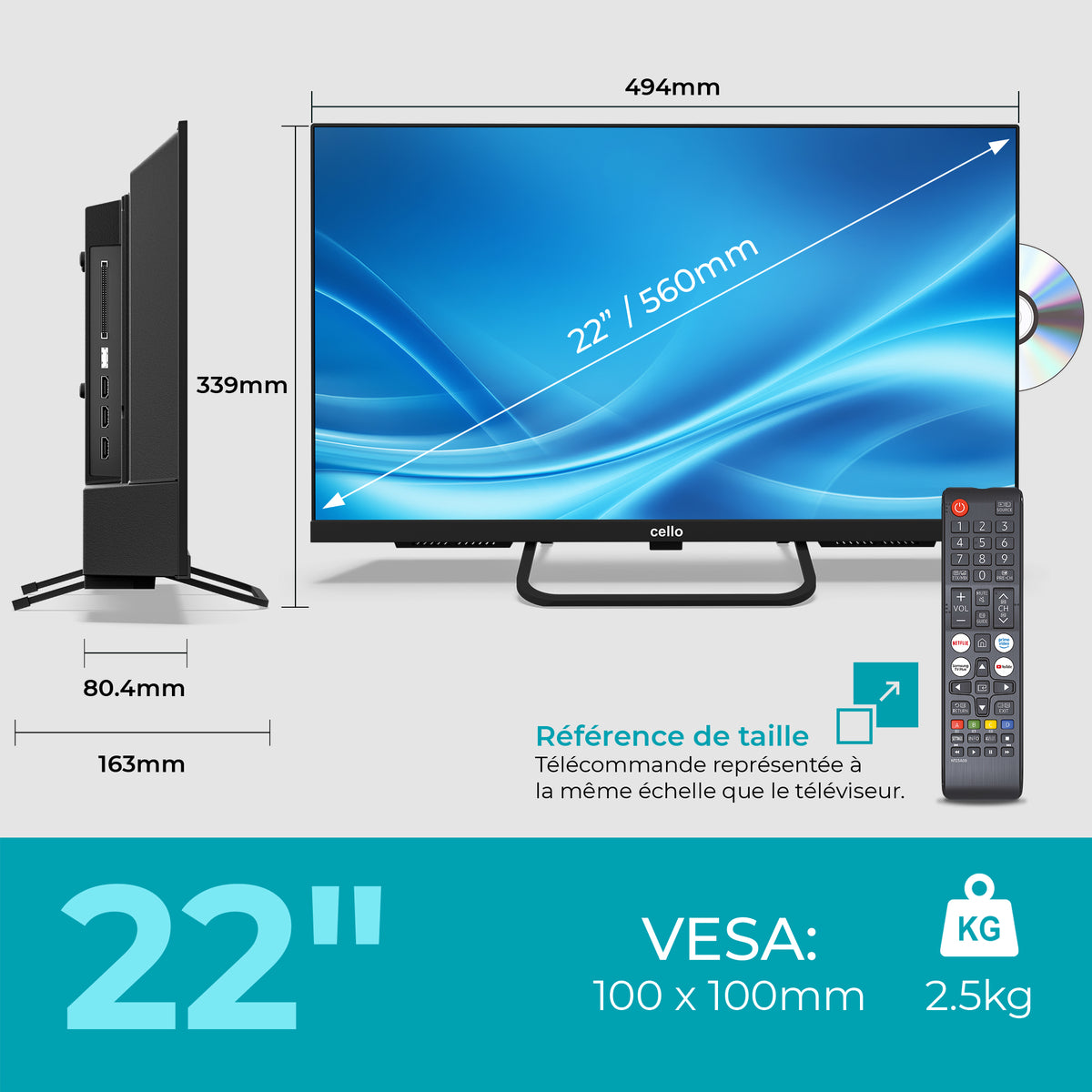 Téléviseur intelligent 22 pouces 12 volts pour voyageur avec lecteur DVD