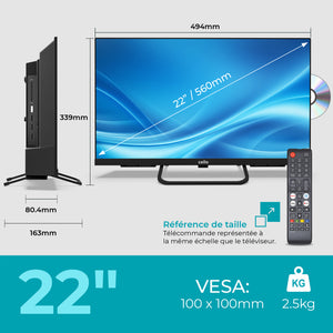 Téléviseur intelligent 22 pouces 12 volts pour voyageur avec lecteur DVD