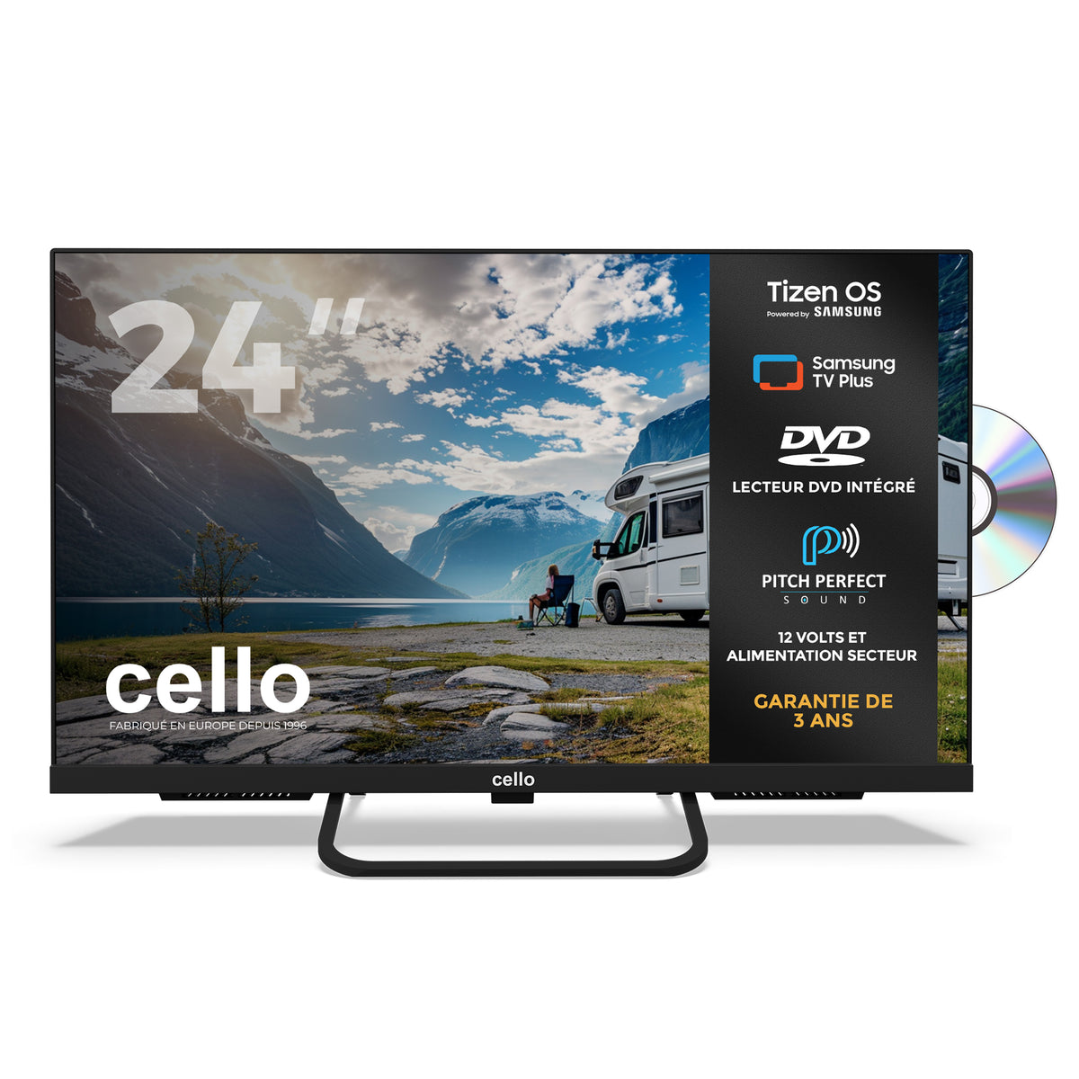 Téléviseur intelligent 12 volts 24 pouces pour voyageurs avec lecteur DVD (FR)