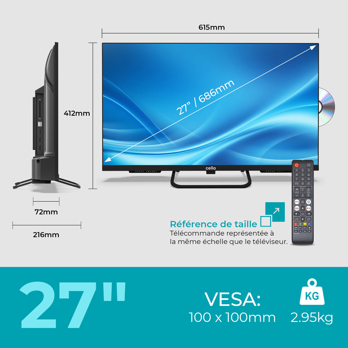 Téléviseur intelligent 12 volts de 27 pouces pour voyageur avec lecteur DVD