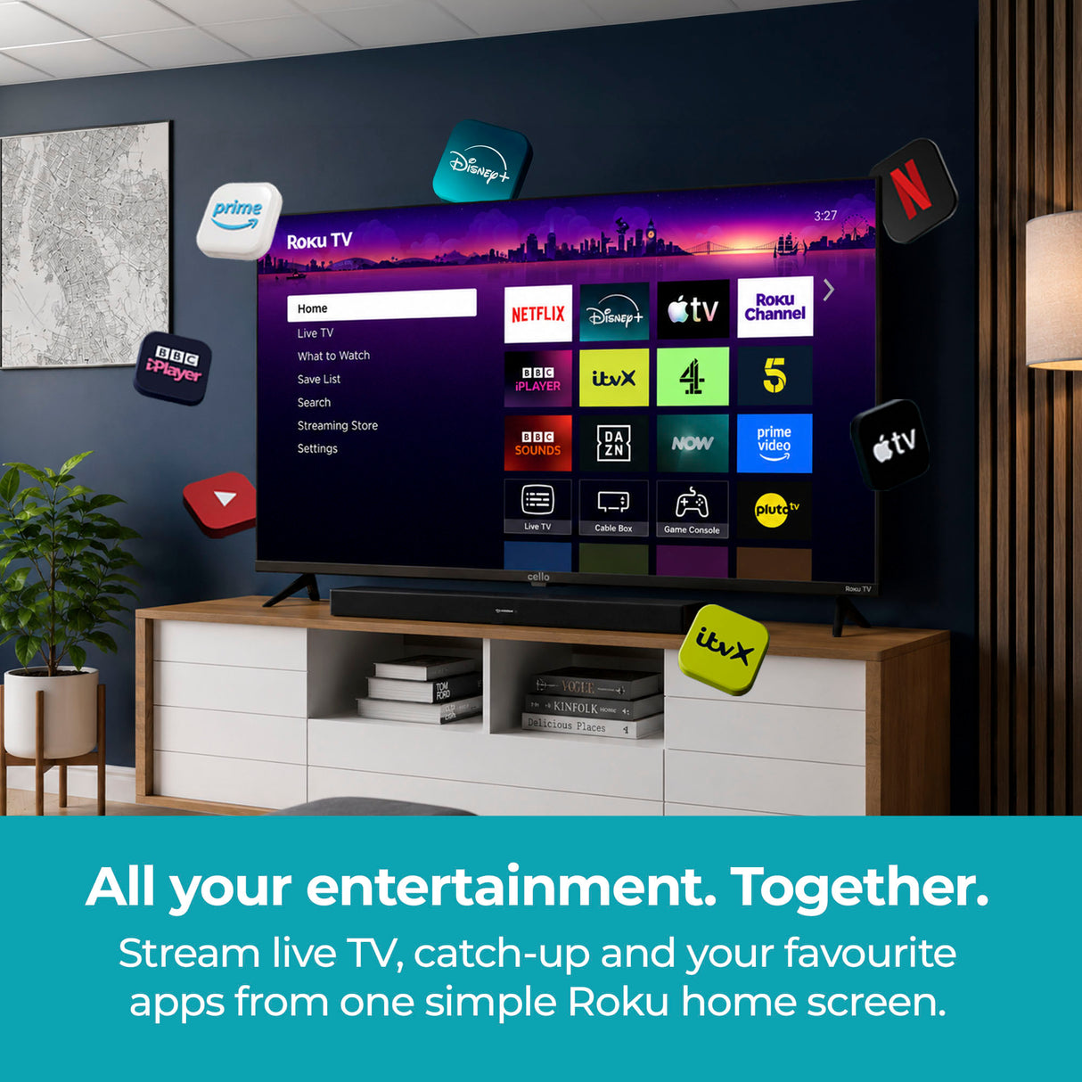 43 inch Smart Roku 4K UHD Frameless TV with Freely TV